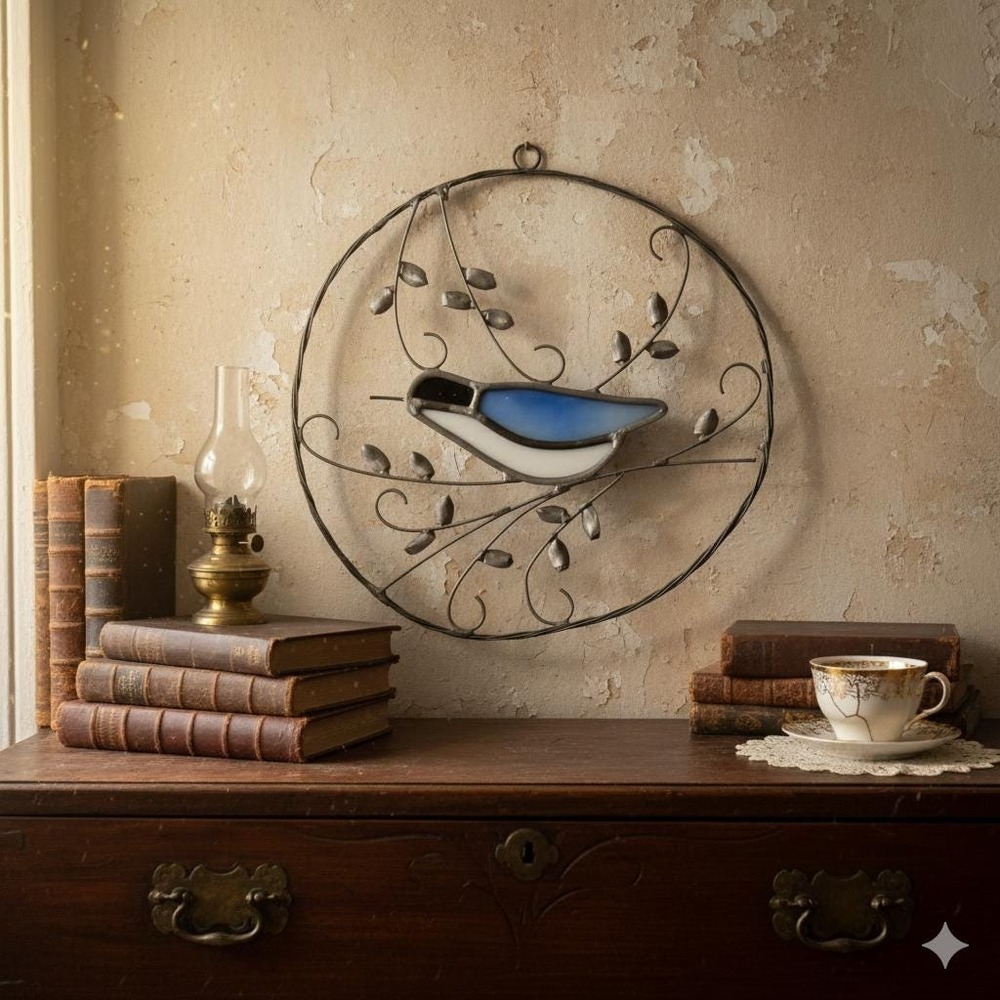Vintage‎ Handmade Bluebird Stained Glass Sun Catcher